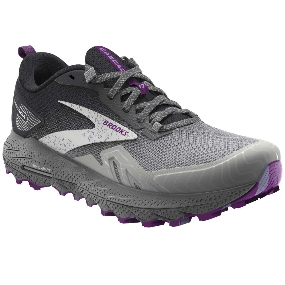 BROOKS Cascadia 17 Womens Trail Running Shoes Oyster/Blackened Pearl/Purple 3 BROOKS Cascadia 17 Womens Trail Running Shoes Oyster/Blackened Pearl/Purple
